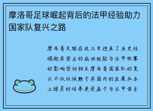 摩洛哥足球崛起背后的法甲经验助力国家队复兴之路