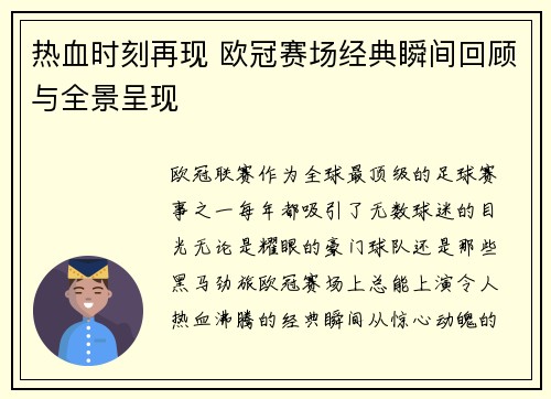 热血时刻再现 欧冠赛场经典瞬间回顾与全景呈现
