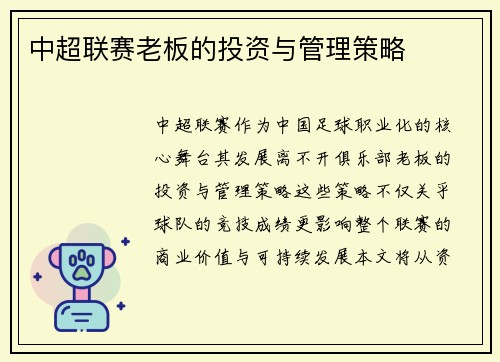中超联赛老板的投资与管理策略