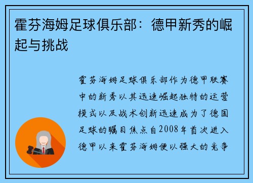 霍芬海姆足球俱乐部：德甲新秀的崛起与挑战